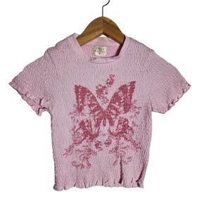 Urban Nation Pink Smocked Butterfly Graphic Baby Tee Lettuce Trim XS